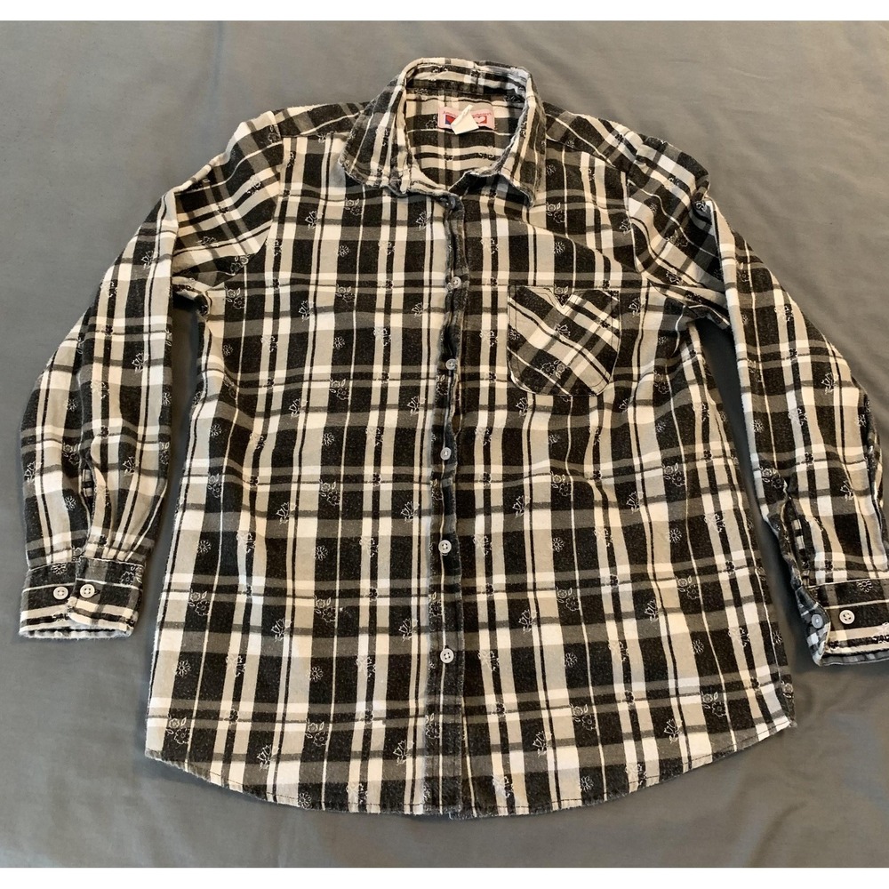 American Sweetheart Shirt Teens Medium Black Plaid Long Sleeve Button‎ Up VTG.